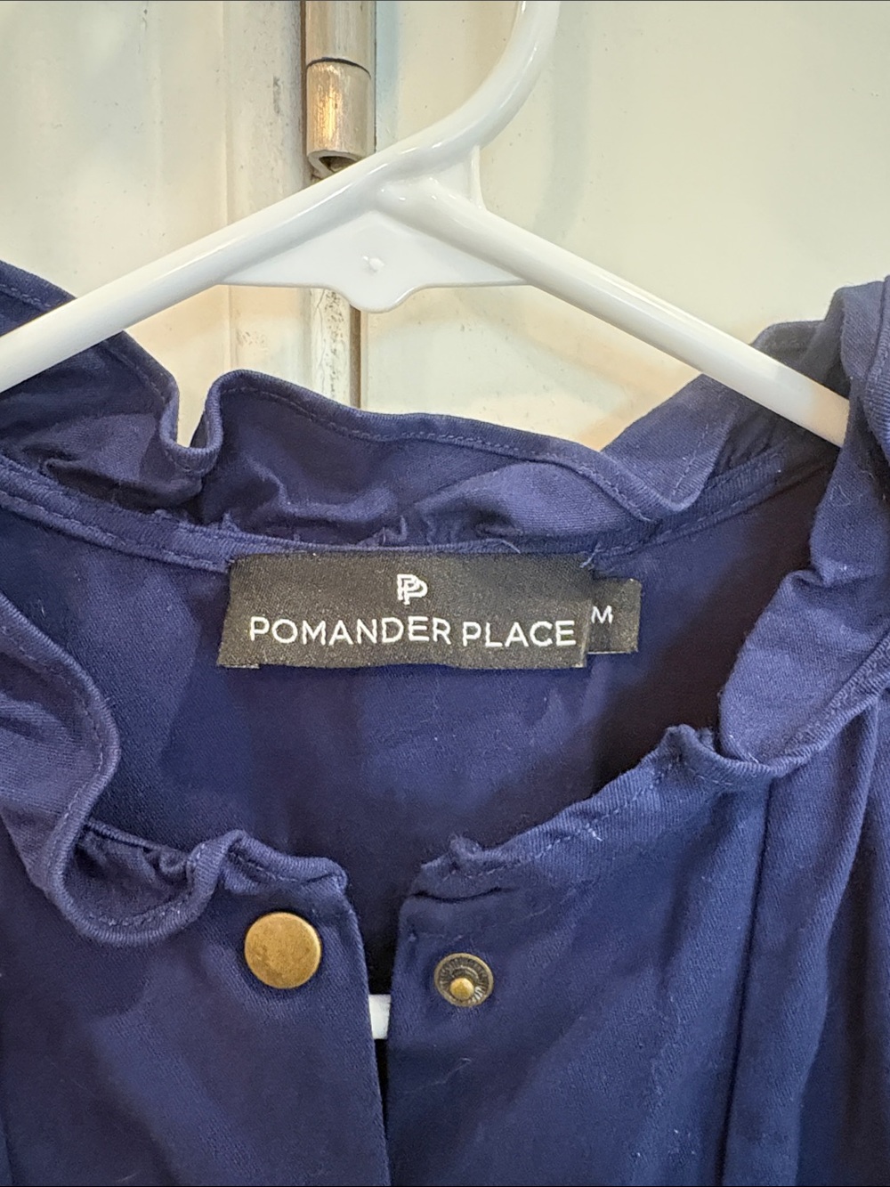 Pomander Place Navy Ruffle-Neck Button Front Dress - Picture 2 of 3